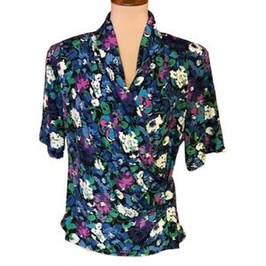 Vtg 90s bright floral Nicola wrap around blouse